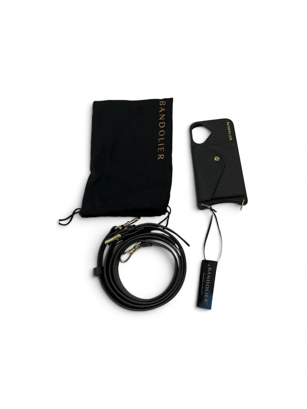 Bandolier Black Leather Phone Crossbody Case with Gold Accents